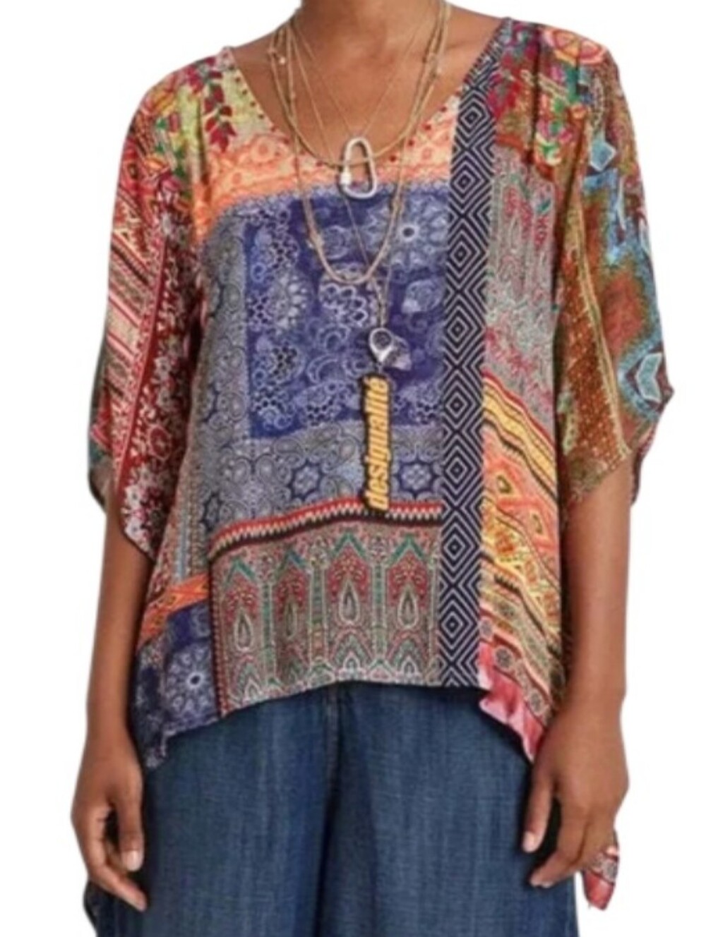 Desigual Embroidered Liberia Mixed Print Multi-Color Patchwork V-Neck Boho Top
